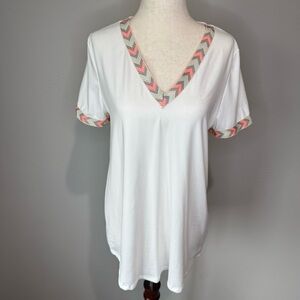Lovely Melody White V-Neck Tee - Chevron Trim - Size M